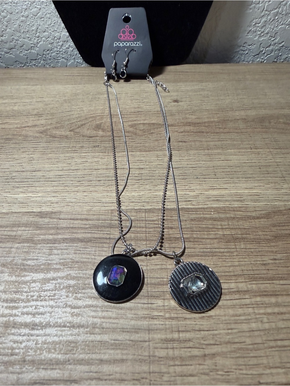 paparazzi Black and Silver Double Pendant Necklace with Iridescent Accent